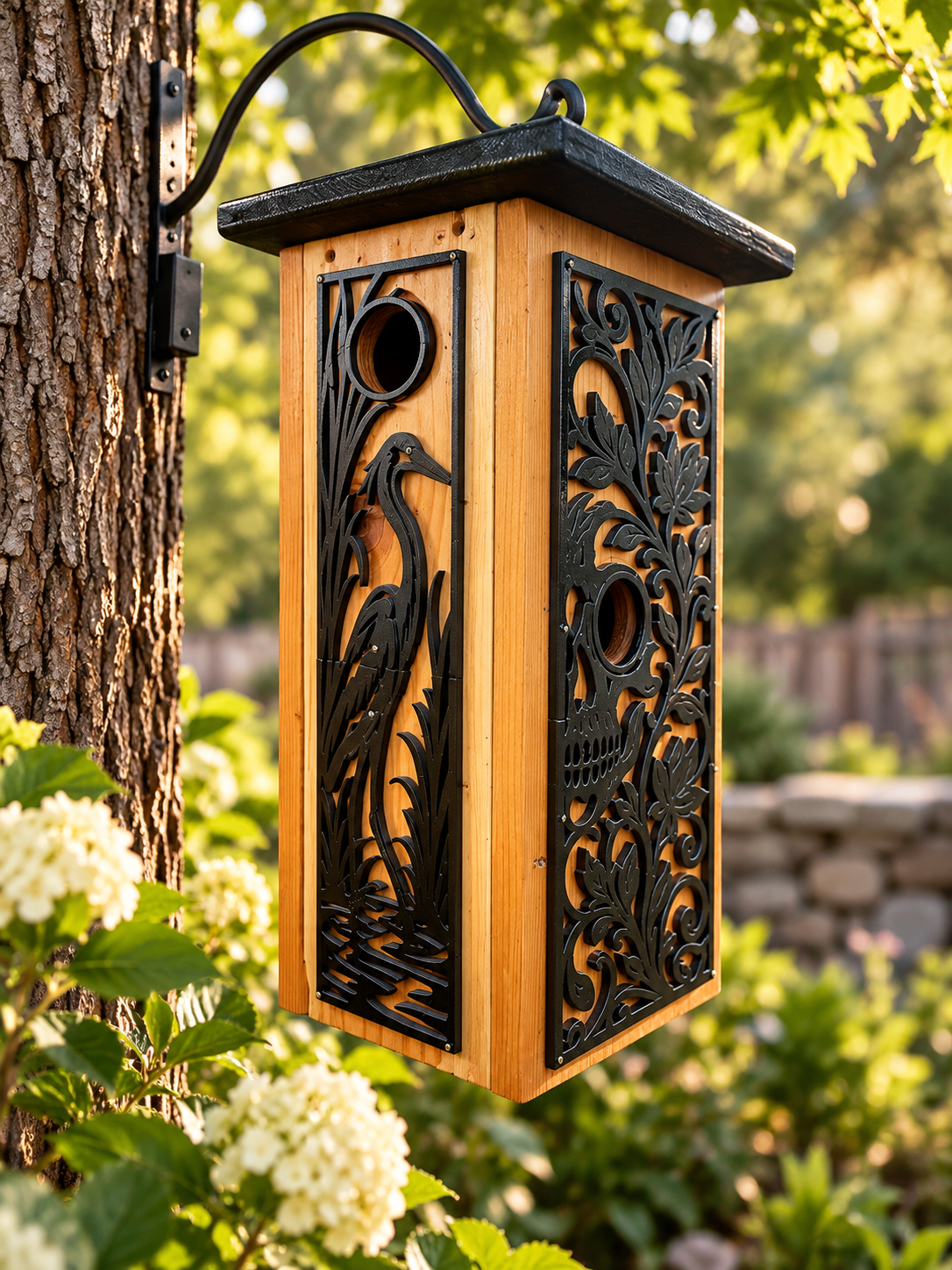 Signature birdhouse with black heron and floral artwork on a warm wooden body